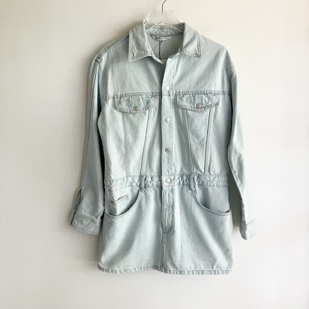 NWT Zara Womens Size Large Denim Mini Dress Long Sleeve Light Wash Blue Jean
